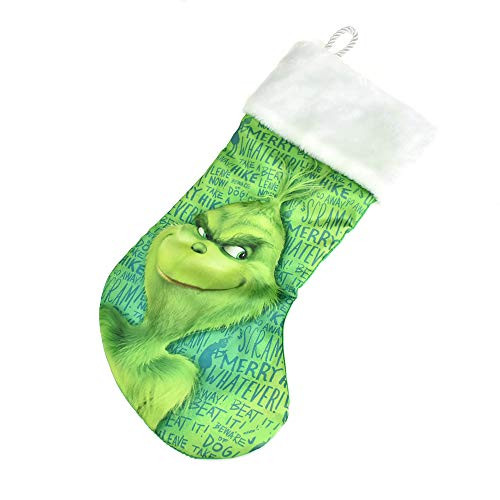 Kurt Adler Grinch White Cuffed Printed Stocking, Green, 18-Inch