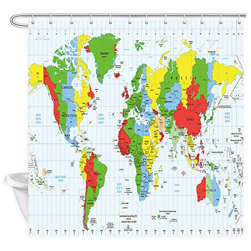 Educate Children Shower Curtain Decor, Geography World Map with Countries Capital City Name, Polyester Fabric Waterproof Map of World Shower Curtains, Shower Curtain Hooks Included, Green Blue,69X70in