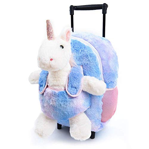 Funday Unicorn Kids Backpack with Removable Wheels - Little Kids Luggage Backpack with Stuffed Animal Toy Unicorn for Toddler Boys and Girls