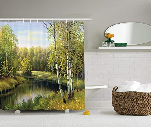 Ambesonne Lakehouse Decor Collection, Birch Tree Forest in Autumn with Leafless Branches Along Calm River Oil Painting, Polyester Fabric Shower Curtain, 75 Inches Long, Green Olive Blue Grey Ambesonne Lakehouse Decor Collection, Birch Tree Forest in Autumn with Leafless Branches Along Calm River Oil Painting, Polyester Fabric Shower Curtain, 75 Inches Long, Green Olive Blue Grey