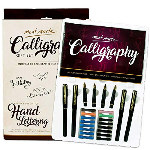 Mont Marte Calligraphy Pen Set 26 Piece. Includes Calligraphy Pens, Calligraphy Nibs, Ink Cartridges, Introduction Booklet and Exercise Booklet.