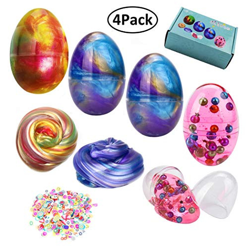 SWZY 4 Pack Soft Egg Slime Colorful Fluffy Slime Scented Stress Relief Toy Sludge Toys with 1 Pack Fruit Slice