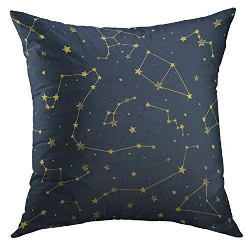 Mugod Decorative Throw Pillow Cover for Couch Sofa,Space Blue with Yellow Constellations Star Pattern Signs of the Zodiac Abstract Home Decor Pillow Case 18x18 Inch