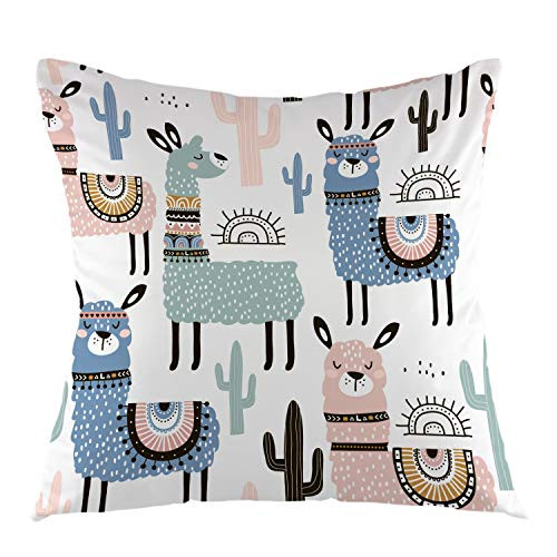 oFloral Alpaca Home Decorative Pillowcase with Llama Cactus Throw Pillow Case Square Cushion Cover for Sofa Couch Bedroom Living Room Dorm Decoration 18 x 18 Inch Green Blue Pink