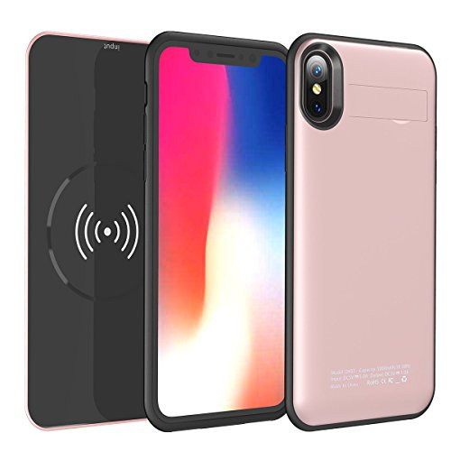 Battery Case for iPhone X/Xs with Qi Wireless Charging-2 in 1 Rechargeable Extended Protective Battery Charging Case with Magnetic Removable Wireless Power Bank 5000mAh with Foldable Kickstand-Rose
