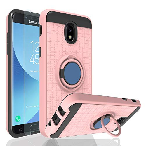 Galaxy J3 2018 /J3 Eclipse 2/J3 Express Prime/J3 Prime 2/Amp Prime 3/ J3 Orbit/J3 Achieve Case with HD Screen Protector,Ayoo 360 Degree Rotating Ring Magnetic Stand for Galaxy J3 2018-ZK Rose Gold