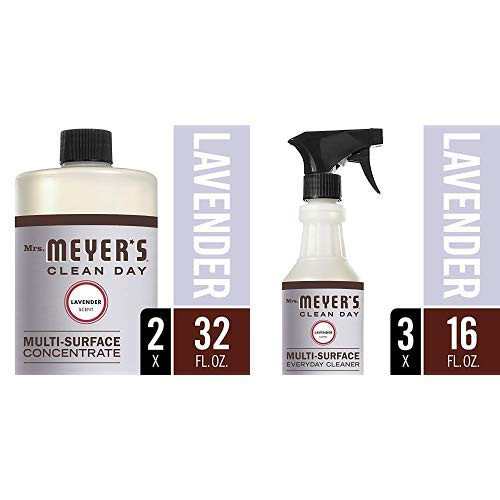Mrs. Meyer's Multi-Surface Cleaner Set, Lavender, 2 ct: Multi-Surface Concentrate, Pack of 2 (32 fl oz), Multi-Surface Everyday Cleaner (16 fl oz)