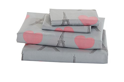 MK Home 3pc Twin Size Sheet Set For Girls Paris Bedding Eiffel Tower Pink Grey New
