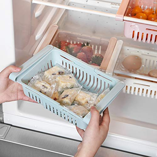 STARSLIFE Retractable Drawer Type Refrigerator Storage Box Food Fresh-keeping Classified Organizer Container Basket Fridge Shelf Holder Plastic Storage Bins, Fit for Fridge Shelf Under 0.5" - Blue