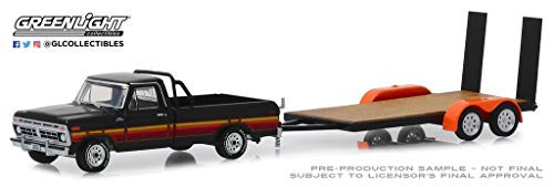 1:64 Hitch & Tow Series 17-1977 Ford F-100 (Black/Free Wheeling Stripes) & Flatbed Trailer 32170-B by Greenlight