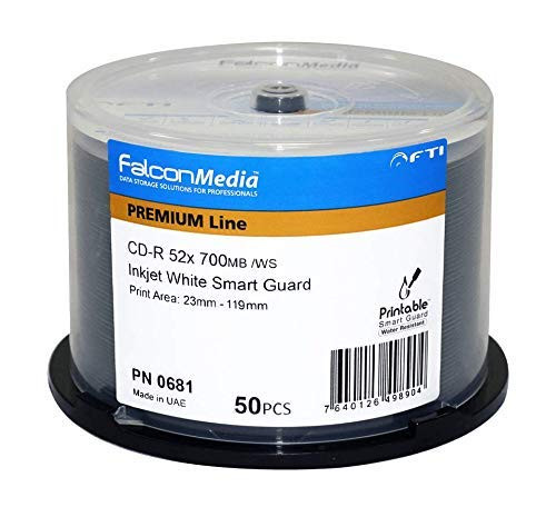 FalconMedia SmartGuard Glossy White Inkjet CD-R - 52x, 700mb/80 Minute, Hub-Printable, Water Resistant - 50 Pack