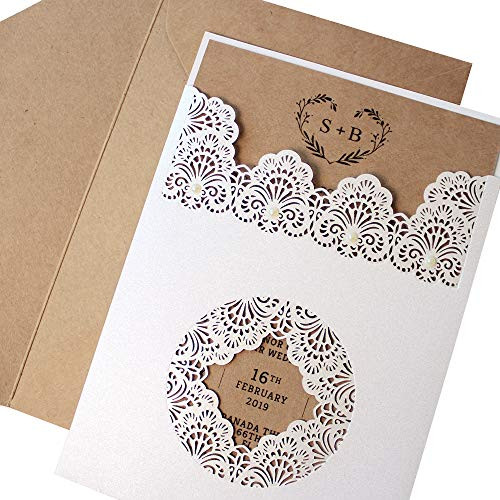 Rustic Lace Wedding Invitations Sample by Picky Bride, Include 2 Invitation Cards Template, Pocket Invitation Cards for Wedding/Bridal Shower Envelope Included