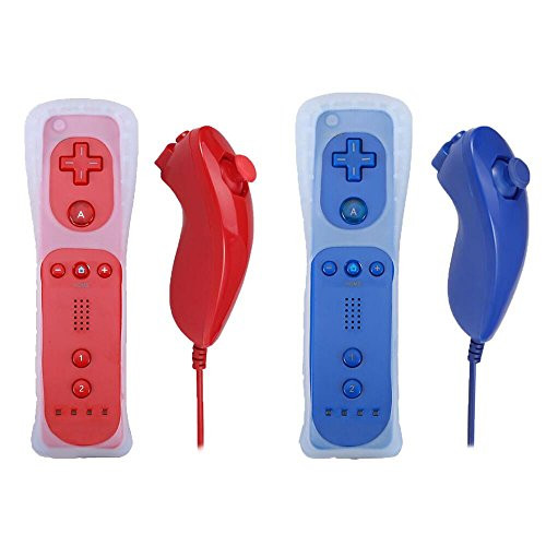 Poulep 2 Packs Gesture Controller and Nunchuck Joystick with Silicone Case for Nintendo Wii Wii U Gamepad Console (Red and Deep Blue)