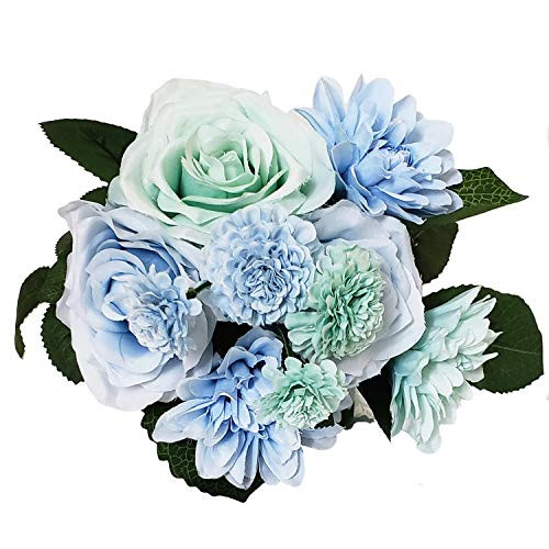 BECOR Fake Flowers Bouquet Artificial Silk Rose Carnation Plant with Leaves for Wedding Home Party Table Decor, 10 Flowers Per Bunch, 8 Stems Per Pack, Blue & Teal