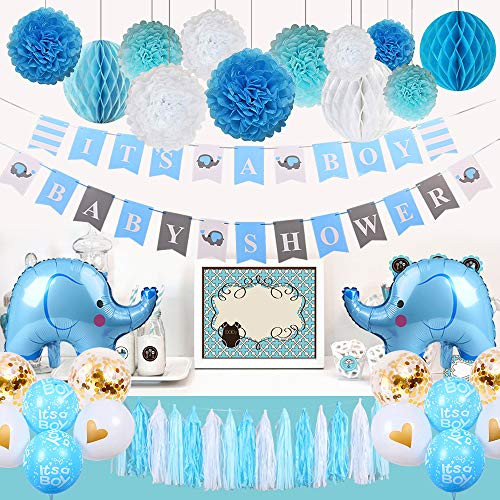 Baby Shower Decorations for Boy, Elephant Theme It's A Boy Party Decor with Tassel Paper Pom Poms, Boy Shower Banners, Honeycomb Balls, Baby Elephant Balloons, Tassel Garland (Blue, Baby Grey, White)