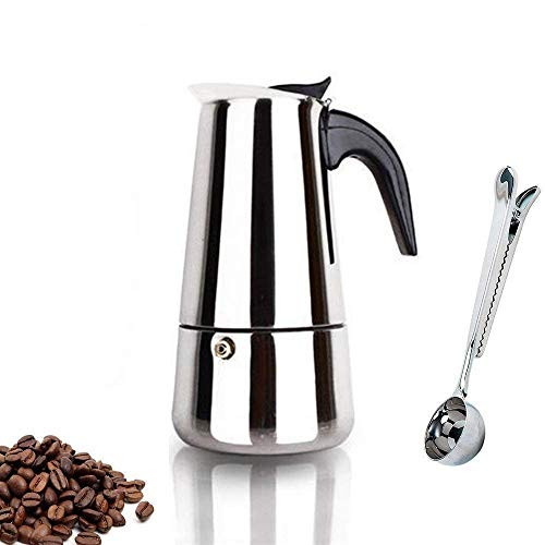 Espresso Coffee Maker Pot Stovetop Moka Coffee Pot Stainless Steel Latte Percolator with Bonus Scoop (2 cups/100ml/New)