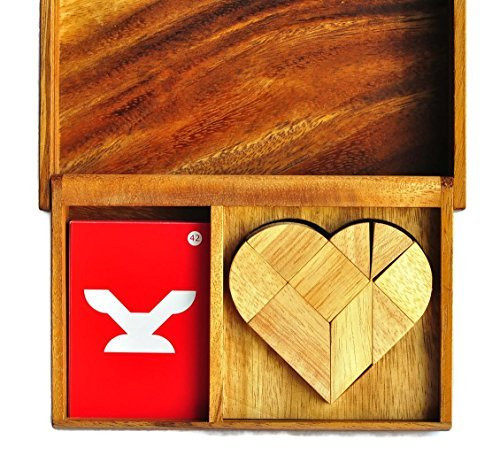 Tangram Puzzle , Wooden Game , tangrams with cards , Logic Heart Tangram Set with play Cards Wooden Puzzle Game , With Collection Box , Gift box , cotton bag