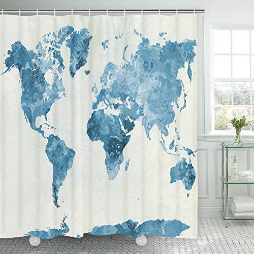 Blue World Travel Map Shower Curtains with 12 Hooks, Durable Bath Curtain Waterproof Bathroom Shower Curtain