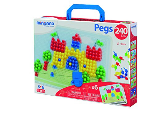 Miniland 10mm 3/8" Pegs with 6-Worksheets and Suitcase, 240-Piece