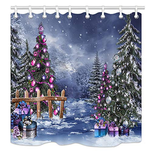 Winter New Year Decor, Christmas Tree Snowflake Gift in Snow Shower Curtains,Polyester Fabric Shower Curtain, Bathroom Accessories, Bath Curtain Hooks Included, 70X70in (Winter)