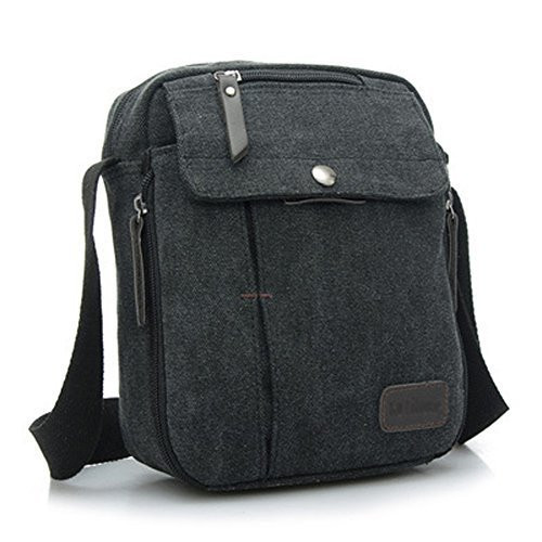 Ecokaki(TM) Canvas Small Messenger Bag Casual Shoulder Bag Travel Organizer Bag Multi-pocket Purse Handbag Crossbody Bags, Black by Ecokaki
