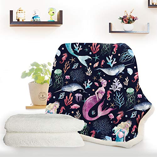 ARIGHTEX Pink Blue Mermaid Blankets Cartoon Mermaid Black Throw Blanket Underwater Life Sherpa Fleece Reversible Blanket(50 x 60 Inches)