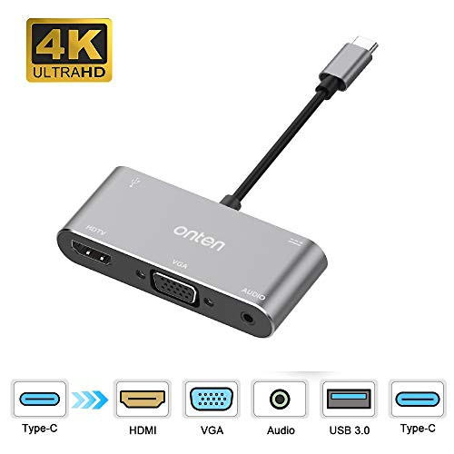 Onten USB C to HDMI VGA Adapter, USB Type C (Thunderbolt 3 Compatible) to HDMI 4K+VGA Adapter, Compatible with MacBook Pro/Chromebook Pixel/Dell XPS 13/,iPad Pro 2018,MacBook Air 2018 (Silver)