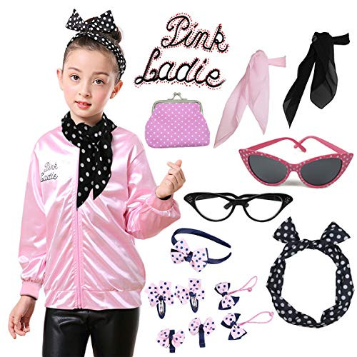 1950s Child Rhinestone Pink Lady Jacket with Scarf Headband Costume Set (12-14 Years, Pink)
