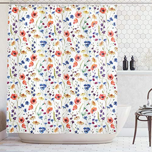 Ambesonne House Decor Collection, Wildflowers Poppy Chamomile Cornflowers Daisies Countryside Fun Illustration Image, Polyester Fabric Bathroom Shower Curtain, 75 Inches Long, Coral Navy Blue