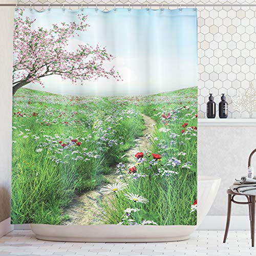 Ambesonne Poppy Decor Collection, Pathway with Cherry Blossom Tree Wildflowers Grassland Country Village Image, Polyester Fabric Bathroom Shower Curtain, 75 Inches Long, Green Blue Pink