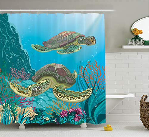 Ambesonne Sea Animals Shower Curtain, Illustration of 2 Sea Turtles Swimming Underwater Aquatic Wildlife Colorful, Cloth Fabric Bathroom Decor Set with Hooks, 70" Long, Blue Mint