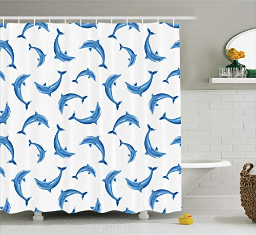 Ambesonne Sea Animals Shower Curtain, Pattern with Dolphins Illustration Ornamental Nature Under The Sea Wildlife, Cloth Fabric Bathroom Decor Set with Hooks, 70" Long, White Blue