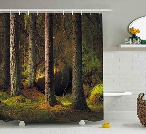 Ambesonne Magic Home Decor Collection, Deep Dark in the Enchanted Forest with Magical Trees in Evening Light Mystical Theme, Polyester Fabric Bathroom Shower Curtain, 84 Inches Extra Long, Green Brown
