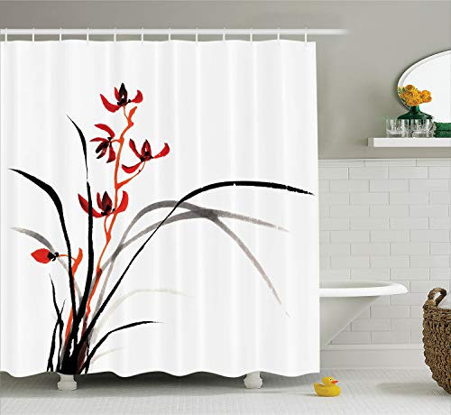 Ambesonne Japanese Decor Collection, Classic Cultural Chinese Ink Paint Print of Native Wild Orchids with Reflexive Birches, Polyester Fabric Bathroom Shower Curtain, 75 Inches Long, Red Black