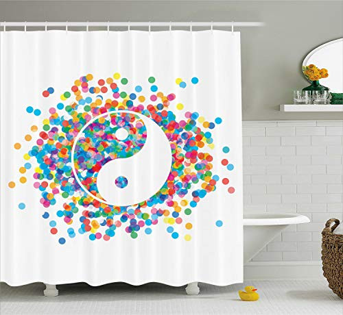 Ambesonne Ying Yang Shower Curtain, Rainbow Color Effect Graphic Design on Ying Yang Sign Themed Peace, Cloth Fabric Bathroom Decor Set with Hooks, 70" Long, White Blue