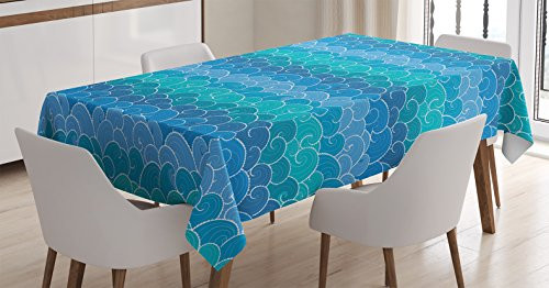 Ambesonne Nautical Tablecloth, Abstract Waves Cartoon Sea Shipping Transport Ornament Nature Waterscape, Dining Room Kitchen Rectangular Table Cover, 52" X 70", Teal Turquoise