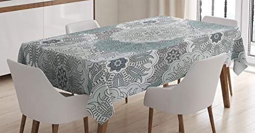 Ambesonne Grey Tablecloth, Tile Art Mandala with Oriental Touch Eastern Style Motif, Dining Room Kitchen Rectangular Table Cover, 52" X 70", Blue