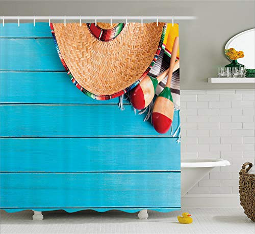 Ambesonne Mexican Shower Curtain, Native Latin Elements with Sombrero and Maracas on Wood Mexican Inspired Background, Cloth Fabric Bathroom Decor Set with Hooks, 84" Extra Long, Bright Blue