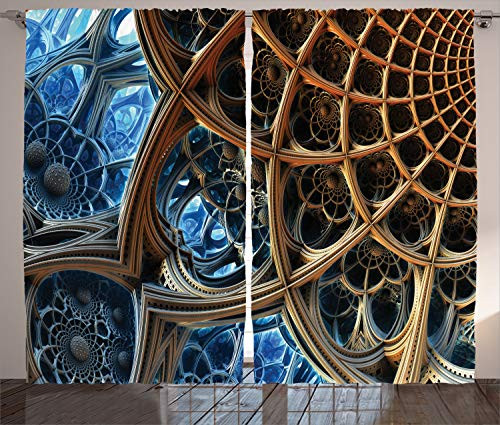 Ambesonne Fractal Curtains, Dimensional Stripes Pattern with Retro Baroque Influences Robotic Design, Living Room Bedroom Window Drapes 2 Panel Set, 108" X 108", Brown Blue