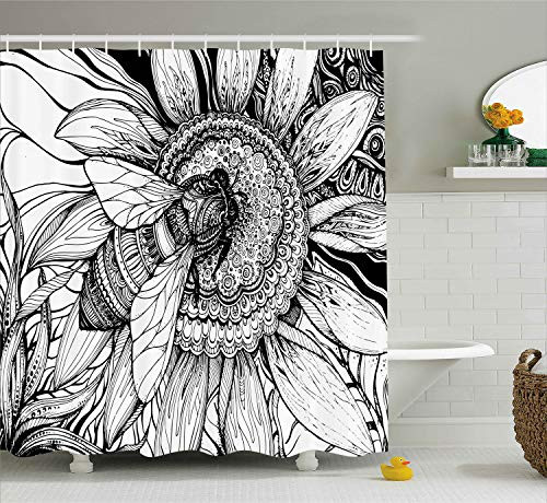 Ambesonne Nature Decor Shower Curtain by, Bee on a Flower Honey Pollen Floral Mother Earth Phase Wildlife Digital Print, Fabric Bathroom Decor Set with Hooks, 75 Inches Long, Black White Ambesonne Nature Decor Shower Curtain by, Bee on a Flower Honey Pollen Floral Mother Earth Phase Wildlife Digital Print, Fabric Bathroom Decor Set with Hooks, 75 Inches Long, Black White