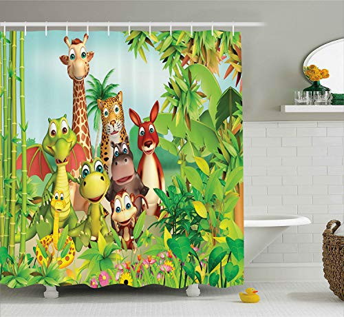 Ambesonne Cartoon Decor Shower Curtain by, Cute Animals Giraffe Tiger Snake Dinosaur Hippo Monkey in Jungle Kids Baby Theme, Fabric Bathroom Decor Set with Hooks, 70 Inches, Green