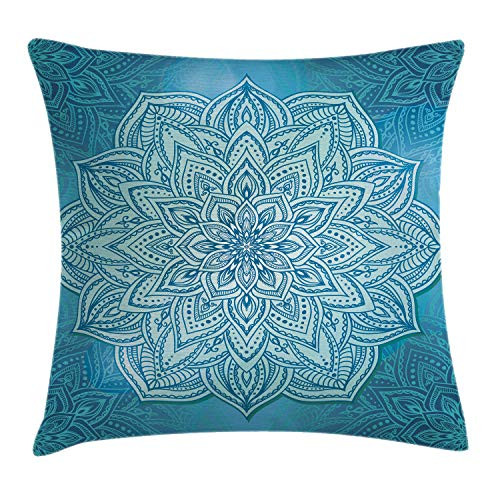 Ambesonne Mandala Throw Pillow Cushion Cover, Oriental Style Lotus Flower Design in Blue Shades, Decorative Square Accent Pillow Case, 24 X 24 Inches, Blue Pale Blue and Turquoise