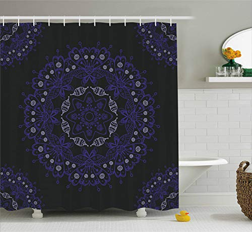 Ambesonne Dark Blue Shower Curtain, Oriental Round Ornate Mandala Lace Style Eastern, Cloth Fabric Bathroom Decor Set with Hooks, 70" Long, Dark Blue Violet Blue Coconut