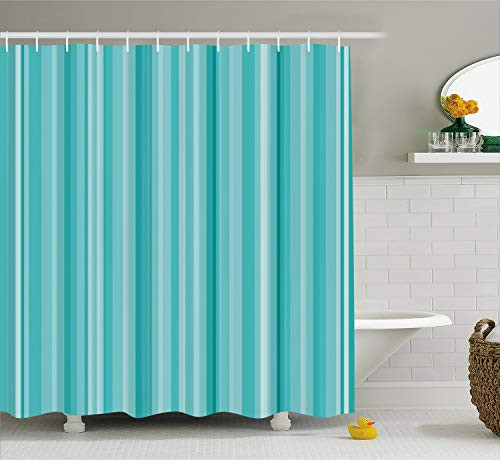Ambesonne Aqua Shower Curtain, Abstract Ocean Inspired Palette Lines Geometrical Image, Cloth Fabric Bathroom Decor Set with Hooks, 70" Long, White Seafoam Pale Blue Turquoise