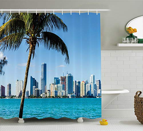 Ambesonne Coastal Decor Shower Curtain, Miami Downtown with Biscayne Bay Buildings and Palm Tree Panoramic, Fabric Bathroom Decor Set with Hooks, 75 Inches Long, Sky Blue Aqua Green