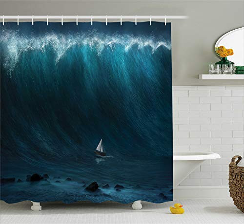 Ambesonne Ocean Shower Curtain by, Small Boat Being Captured by a Large Wave Seastorm Tsunami Marine Aquatic Theme, Fabric Bathroom Decor Set with Hooks, 70 Inches, Dark Blue White