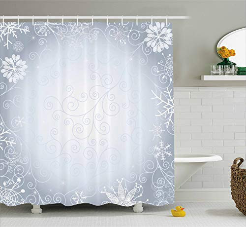 Ambesonne Ombre Shower Curtain, Christmas Theme Gentle Frame with Curls Swirls Snowflakes Lace Inspired Motif, Cloth Fabric Bathroom Decor Set with Hooks, 70" Long, Pale Blue Coconut