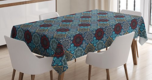 Ambesonne Moroccan Tablecloth, Patchwork Style Vintage Ottoman Inspiration Retro Motifs, Rectangular Table Cover for Dining Room Kitchen Decor, 60" X 90", Brown Blue