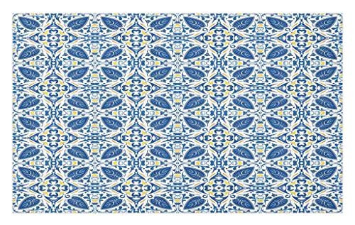 Lunarable Yellow and Blue Doormat, Portuguese Traditional Tiles Abstract Mosaic Floral Swirl Motifs, Decorative Polyester Floor Mat with Non-Skid Backing, 30" X 18", Orange Yellow