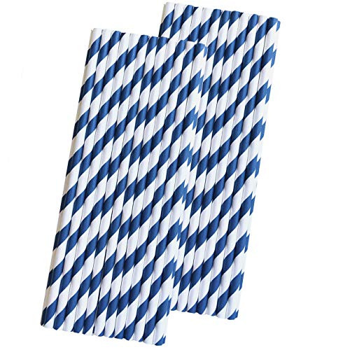 Striped Paper Straws - Navy Blue White - 7.75 Inches - Pack of 50- Outside the Box Papers Brand